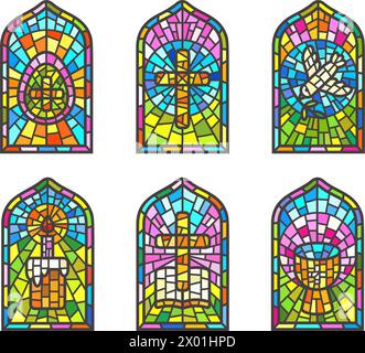 Vitraux d'église avec des symboles religieux de Pâques. Arcs en verre en mosaïque chrétienne sertis avec coupe de colombe croisée et oeuf Illustration de Vecteur