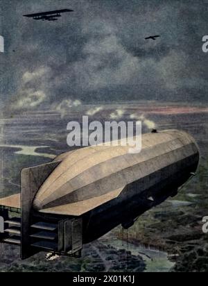 Zeppelin attaqué par des avions, illustration. Frontispice tiré de 'L'histoire de la grande guerre ; les archives historiques complètes des événements à ce jour, volume III' (1920). Banque D'Images