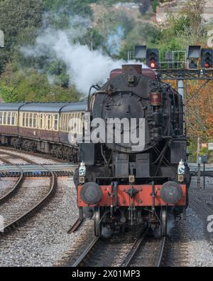 La locomotive à vapeur Omaha tirant un train dans Kingswear, Devon, Angleterre, Royaume-Uni, sur le chemin de fer à vapeur de Dartmouth. Banque D'Images