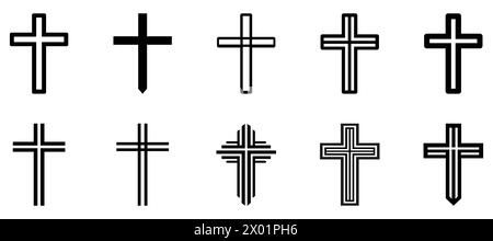 Ensemble de vecteurs de croix noires isolé sur fond blanc. Icônes des croix chrétiennes et catholiques Illustration de Vecteur