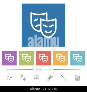 Les masques théâtraux délimitent des icônes blanches plates sur fond carré. 6 icônes bonus incluses. Illustration de Vecteur
