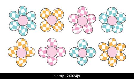 Fleurs à carreaux hippie de dessin animé groovy. Hippie 60s, marguerites style années 70. Illustration de Vecteur