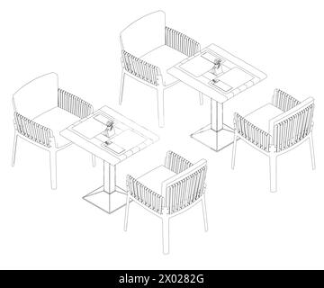 Contour des chaises et une table avec fourchettes, couteaux et serviettes. Vue isométrique. 3D.. Illustration de Vecteur