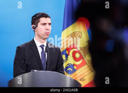 Mihai Popsoi, Aussenminister der Republik Moldau, aufgenommen im Rahmen einer gemeinsamen Pressekonferenz in Berlin, 09.04.2024. Fotografiert im Auftrag des Auswaertigen AMTES Berlin Deutschland *** Mihai Popsoi, ministre des Affaires étrangères de la République de Moldavie, photographié lors d'une conférence de presse conjointe à Berlin, 09 04 2024 photographié au nom du ministère fédéral des Affaires étrangères Berlin Allemagne Copyright : xJulianexSonntagxAAxphotothek.dex Banque D'Images