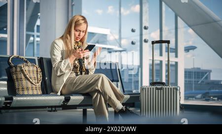 Terminal de l'aéroport : femme attend le vol, utilise un smartphone, reçoit une mauvaise nouvelle choquante, commence à pleurer. Personne bouleversée, triste et déçue assise dans un salon d'embarquement de Airline Hub. Banque D'Images