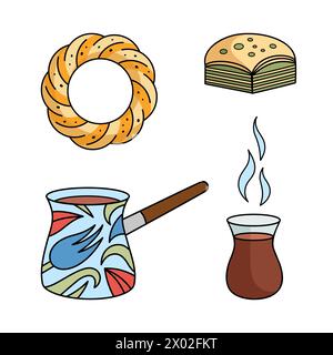 Ensemble d'éléments d'attributs turcs - Coffee Cezve, tasse de thé en forme de tulipe, baklava, bagel. Collection vectorielle. Vecteur éléments traditionnels de la culture turque. Illustration de Vecteur