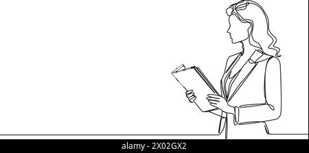 dessin simple continu de femme d'affaires tenant le dossier de fichier, illustration vectorielle d'art au trait Illustration de Vecteur