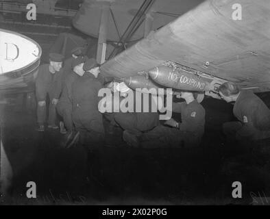 À BORD DU HMS VICTORIOUS. FÉVRIER 1942, EN MER DANS L'ATLANTIQUE NORD ET AU LARGE DES CÔTES NORVÉGIENNES. LORS DE L'OFFENSIVE CONTRE LA NAVIGATION ENNEMIE ET TOUT EN COUVRANT UN CONVOI RUSSE. - Bombing-up! Une scène dans le pont du hangar du HMS VICTORIOUS alors que des bombes étaient placées dans les casiers de Fairey Albacores qui ouvraient l'attaque contre les navires ennemis Banque D'Images