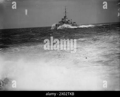 HM DESTROYERS EN EXERCICE ET TIR DE NUIT. LE 15 AVRIL 1942, À BORD DU DESTROYER HMS SIKH, EN MÉDITERRANÉE ORIENTALE. - HMS HERO à l'aube après le tournage de nuit Banque D'Images