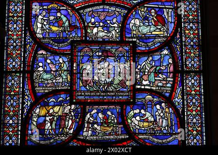 Détail de vitraux de la peste dans la Maison de Jordan Fitz-Eisulf, fenêtre miracle Becket, ambulatoire de la chapelle de la Trinité, cathédrale de Canterbury Banque D'Images
