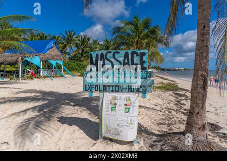 Vue du signe de massage rustique sur la plage près de Puerto Morelos, Côte des Caraïbes, péninsule du Yucatan, Mexique, Amérique du Nord Banque D'Images