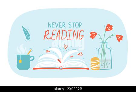 Lecture de livres ouverts concept de lettrage dessiné à la main Illustration de Vecteur