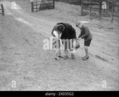 LES CARTER EN TEMPS DE GUERRE : LA VIE QUOTIDIENNE POUR Une FAMILLE BRITANNIQUE SUR LE FRONT INTÉRIEUR, ANGLETERRE, C 1940 - Mme carter embrasse sa fille Angela à son arrivée à Hayward's Heath, Sussex. Son fils Michael regarde dans son sac, pour voir si elle leur a apporté des cadeaux! Michael et Angela ont été évacués à Hayward's Heath et Mme carter a voyagé de Londres Victoria pour leur rendre visite Banque D'Images