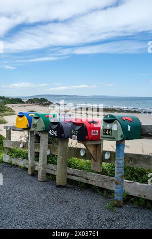 Boîtes aux lettres à Molyneux Bay, les Catlins, Otago, Île du Sud, Nouvelle-Zélande Banque D'Images