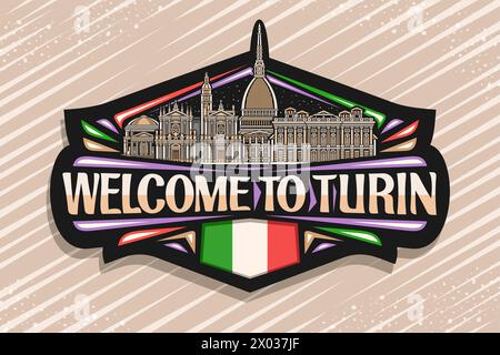 Logo vectoriel pour Turin, étiquette décorative noire avec illustration de contour du paysage historique panoramique de la ville de turin sur fond de ciel crépusculaire, design d'art au trait Illustration de Vecteur