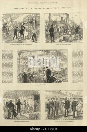 Illustration vintage de croquis d'un départ d'un navire à vapeur Cunard de Liverpool, histoire victorienne voyage, années 1880 19ème siècle Banque D'Images