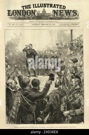 Illustration vintage de réunion à Stafford House pour protester contre le changement dans les tartans des Highland Regiments, victorien, années 1880 19ème siècle Banque D'Images