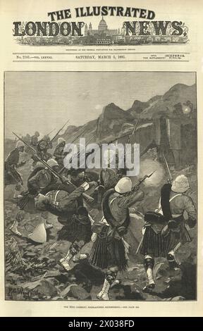 Vintage illustration bataille de Majuba Hill, première guerre des Boers, 92e régiment d'infanterie (Gordon Highlanders) avançant vers le haut de la colline, 19e siècle Banque D'Images