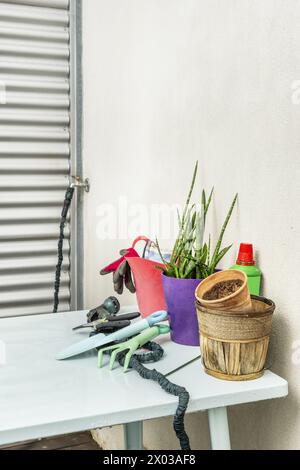 Accessoires de jardinage avec engrais liquide sur une table de jardin en métal avec arrosoir pour roses, tuyau, gants de protection, pots de fleurs vides Banque D'Images