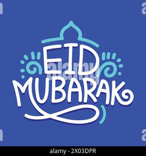 Lettrage dessiné à la main Eid moubarak modèle de carte de voeux conception sur fond bleu. Eid Mubarak typographie anglaise. Eid ul-Fitr, Eid ul-Adha. Illustration de Vecteur