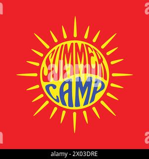 Lettrage rétro camp d'été sur un logo soleil. Modèle de jours d'été, affiche, autocollant, conception de bannière. Hello Summer t shirt design sur fond rouge. Illustration de Vecteur