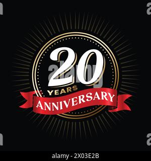 conception de logo anniversaire de 20 ans avec ruban de couleur rouge et éléments de célébration de cercle brillant doré. Affiche d'anniversaire de mariage 20 E, modèle. Illustration de Vecteur