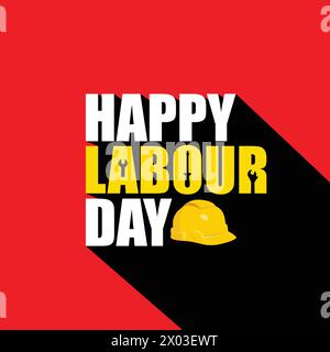 Concept créatif de bonne fête du travail avec texte en gras et éléments travaillistes sur fond rouge. Illustration vectorielle du casque de sécurité. Affiche de la fête du travail, bannière Illustration de Vecteur