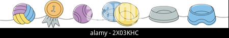 Ensemble de fournitures pour animaux de compagnie. Jouet de balle de chien, médaille de première place, balle de tennis, bol pour animal de compagnie, bol de chien illustration continue d'une ligne. Illustration linéaire vectorielle. Illustration de Vecteur