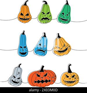 Visages de citrouilles d'Halloween. Ensemble de citrouilles effrayantes faces d'une ligne colorée dessin continu. Illustration continue d'une ligne de légumes d'Halloween. Illustration de Vecteur