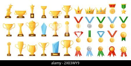 Prix du gagnant. Trophée champion. Couronne d'or. Médaille de la première place sur le ruban. Récompense du tournoi. Gobelet doré. Badge en métal gagnant. Réalisation du champion de compétition. Succès du leader. Icônes de victoire vectorielle définies Illustration de Vecteur
