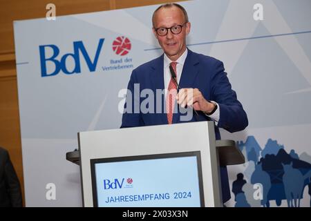 Berlin, Allemagne. 09th Apr, 2024. Friedrich Merz (CDU), Président fédéral, intervient lors de la réception annuelle de l’Association des Expellees (BDV). Crédit : Joerg Carstensen/dpa/Alamy Live News Banque D'Images