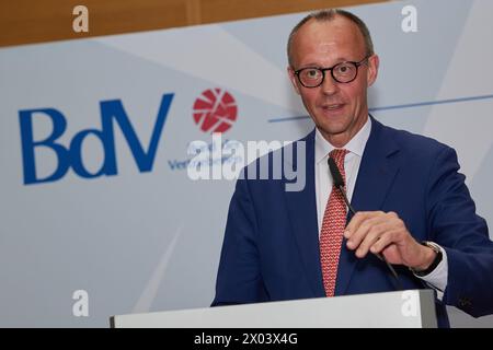 Berlin, Allemagne. 09th Apr, 2024. Friedrich Merz (CDU), Président fédéral, intervient lors de la réception annuelle de l’Association des Expellees (BDV). Crédit : Joerg Carstensen/dpa/Alamy Live News Banque D'Images