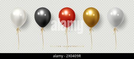 Ballons réalistes rouges, noirs, blancs, dorés et gris transparent. Illustration vectorielle, isolée Illustration de Vecteur
