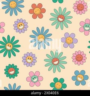 Motif sans couture de fleurs groovy Marguerite. Style rétro hippie. Icônes de fleurs. Illustration vectorielle Illustration de Vecteur