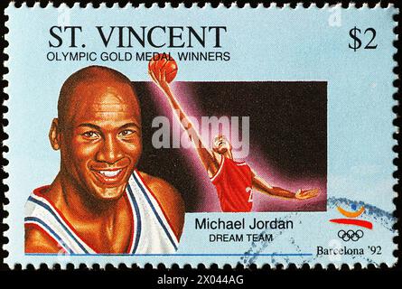 Michael Jordan, membre de l'équipe de rêve, sur timbre-poste Banque D'Images