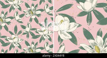 Modèle sans couture de fleurs de magnolia et de feuilles vertes sur fond rose en deux tailles. Couleurs personnalisables Illustration de Vecteur