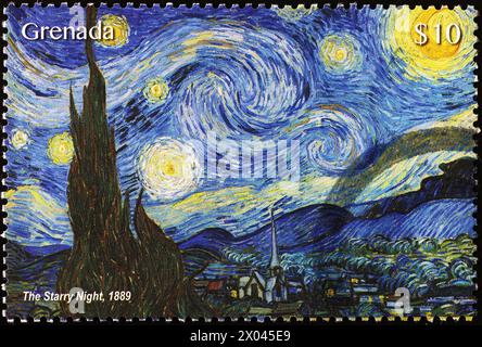 La nuit étoilée par Van Gogh sur timbre de Grenade Banque D'Images