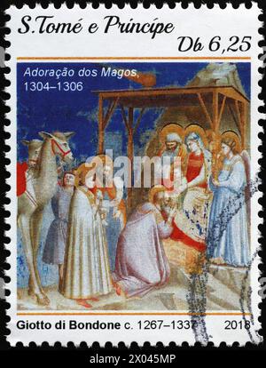Adoration des Mages par Giotto sur timbre-poste Banque D'Images