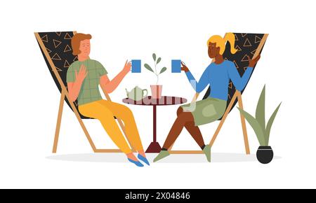 Amies femmes buvant du thé dans un café. Temps d'été extérieur, passer du temps ensemble illustration vectorielle plate Illustration de Vecteur