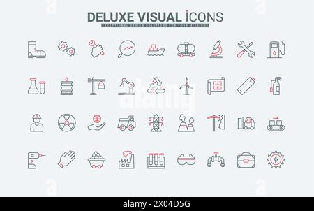 Fête du travail dans l'industrie les icônes de lignes noires et rouges fines définissent l'illustration vectorielle. Décrire les symboles de la technologie de fabrication dans l'usine et les robots, la production d'énergie et d'énergie, l'équipement de sécurité pour le travailleur Illustration de Vecteur