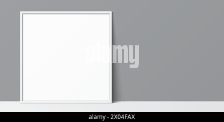 Cadre d'affiche blanc de forme carrée appuyé contre un fond de mur gris. Maquette vectorielle de galerie d'affiches pour le placement horizontal d'art, d'image ou de texte. Illustration de Vecteur