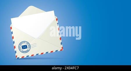 Une enveloppe postale blanche avec du papier blanc à l'intérieur, délimitée par des lignes rouges et bleues, se tient sur un fond bleu avec un espace de copie. Maquette de vecteur d'enveloppe de courrier. Illustration de Vecteur