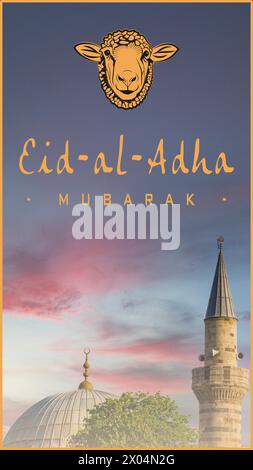 Carte de célébration de l'Aïd al-Adha avec motif mouton, dôme de mosquée et silhouette de minaret dans un ciel crépusculaire. Histoire, post. Illustration vectorielle Illustration de Vecteur