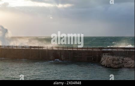 Paysage côtier spectaculaire avec des vagues éclaboussant sur la mer orageuse sous le ciel nuageux. Alexandrie, Égypte Banque D'Images