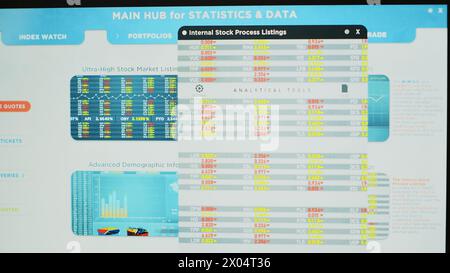 Bureau avec ordinateur portable affichant les listes boursières et affichage en arrière-plan avec la liste des rendez-vous des clients. Bloc-notes avec index de plate-forme de trading et tableau des commissions des clients à l'arrière Banque D'Images