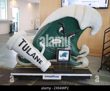 La Nouvelle-Orléans, États-Unis. 09th Apr, 2024. La mascotte « Angry Wave » de Tulane est exposée lors d'une conférence de presse présentant Ashley Langford en tant que nouvelle entraîneure de basket-ball féminine au Jim Hill and Avram Glazer Family Club Room du Yulman Stadium sur le campus de l'Université Tulane à la Nouvelle-Orléans, Louisiane, le mardi 9 avril 2024. (Photo de Peter G. Forest/SipaUSA) crédit : Sipa USA/Alamy Live News Banque D'Images