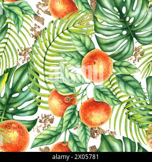 Motif aquarelle tropical avec mandarines, feuilles de palmier, monstera et or. Motif botanique sans couture aquarelle pour la conception de textiles, tissus, wa Banque D'Images