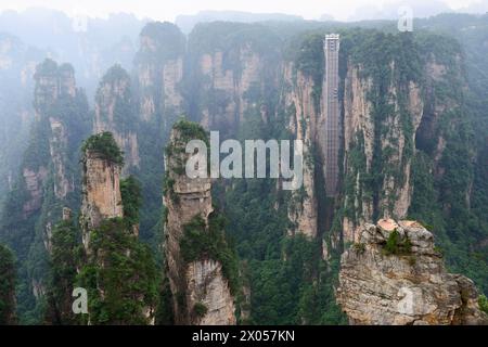 Les piliers de grès s'élèvent au-dessus de la forêt luxuriante du parc forestier national de Zhangjiajie dans la zone pittoresque de Wulingyuan, en Chine. Banque D'Images