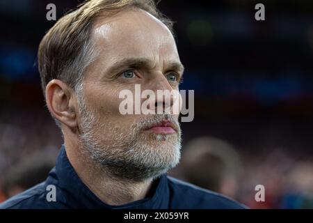 Londres, Royaume-Uni. 10 avril 2024. L'entraîneur-chef du Bayern Munich, Thomas Tuchel, est vu lors du match de quart de finale de l'UEFA Champions League 1st Leg entre le Bayern Munich et Arsenal à Londres, en Grande-Bretagne, le 9 avril 2024. Crédit : Xinhua/Alamy Live News Banque D'Images