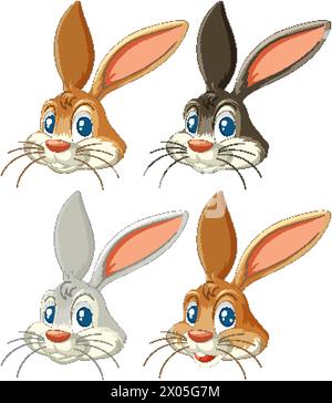 Quatre illustrations vectorielles de visages de lapin mignons Illustration de Vecteur
